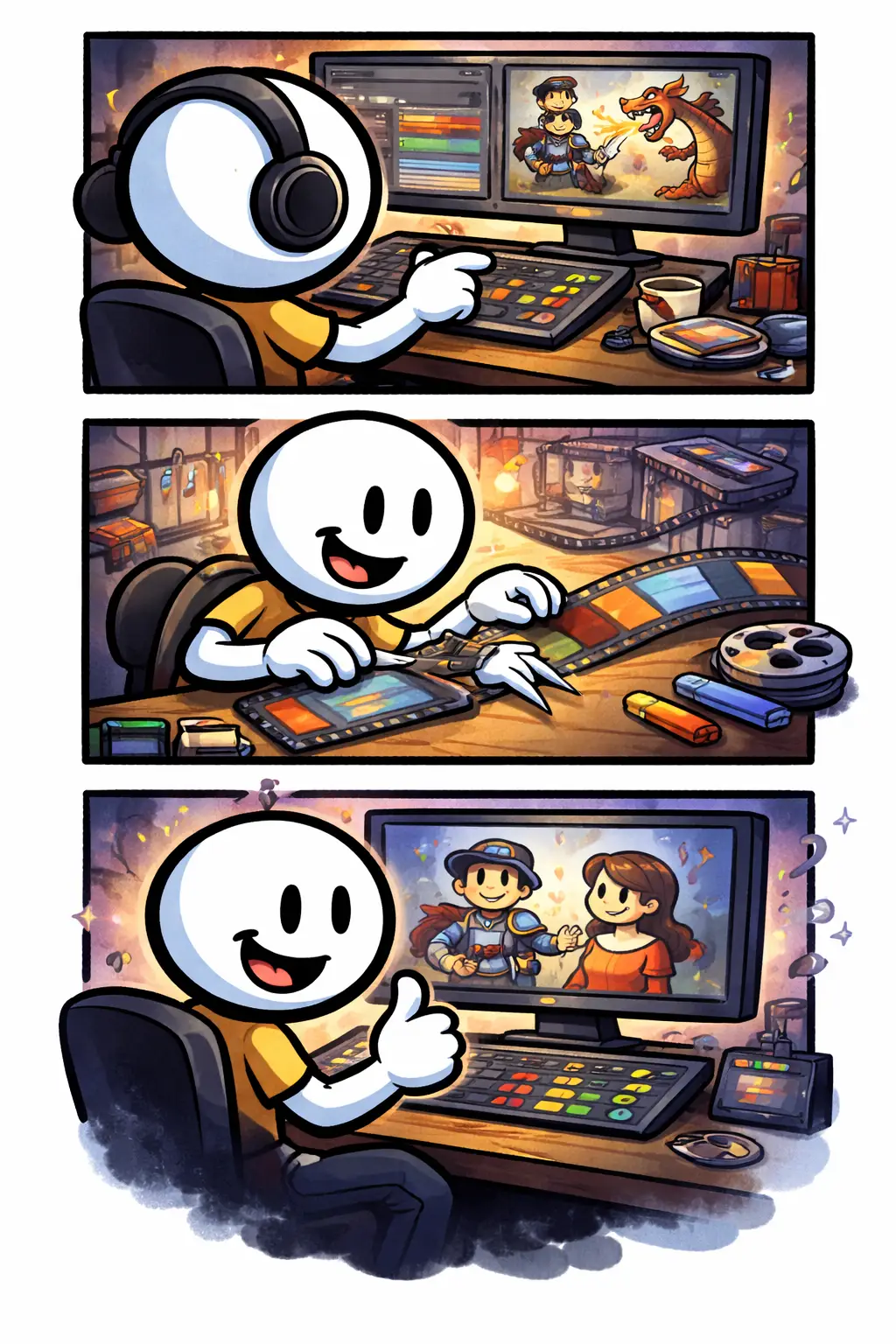 Stripafbeelding in Toonwords-stijl met een stickman die achter een montagebureau filmbeelden knipt en samenvoegt bij het woord Montage.