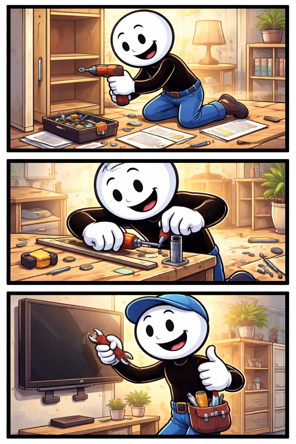 Stickman die onderdelen nauwkeurig in elkaar zet als Toonword voor montagewerk.