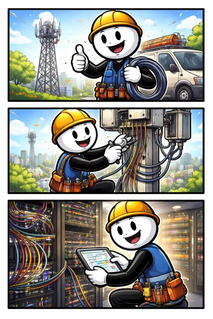 Toonwords-strip met een monteur telecommunicatie die aan zendmasten en netwerkapparatuur werkt.