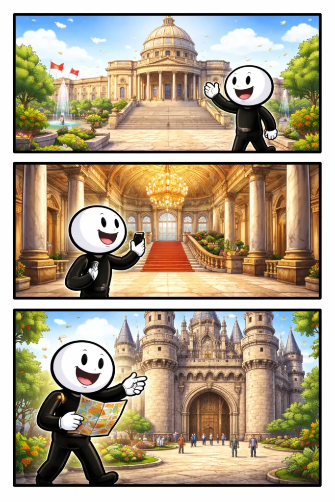 Toonwords-strip met een stickman bij een monumentaal gebouw, gezien van onderaf, van dichtbij en van een afstand.