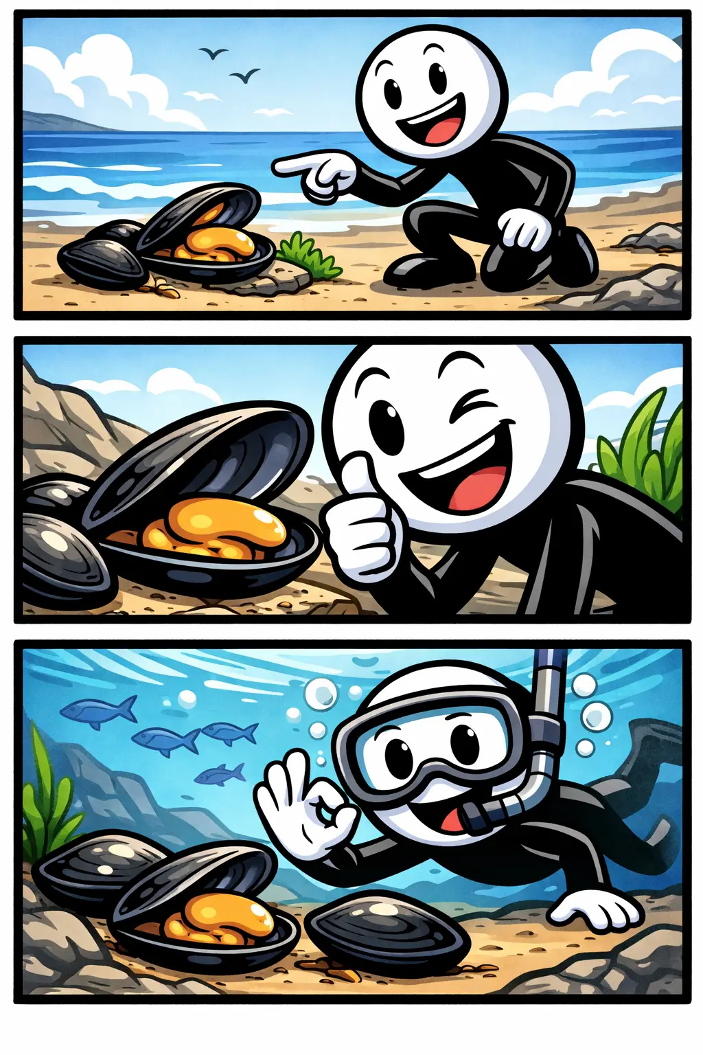 stickman kijkt blij naar een opengesprongen mossel aan zee voor het toonword mossel