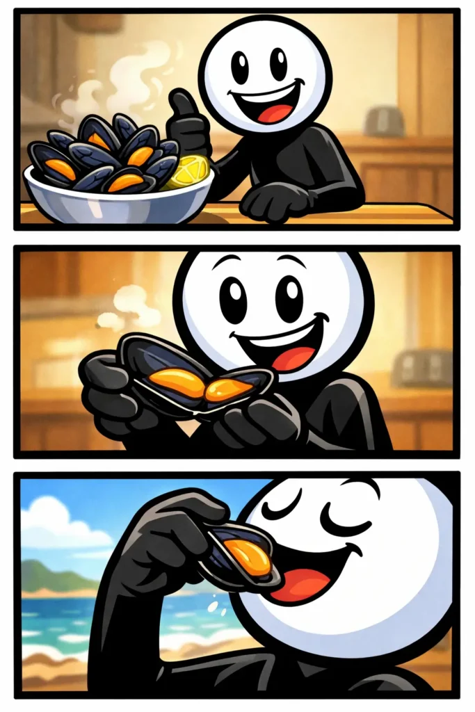 Een stripafbeelding van een stickman die een mossel in een schaal ziet, daarna een open mossel vasthoudt en tenslotte een mossel opeet.