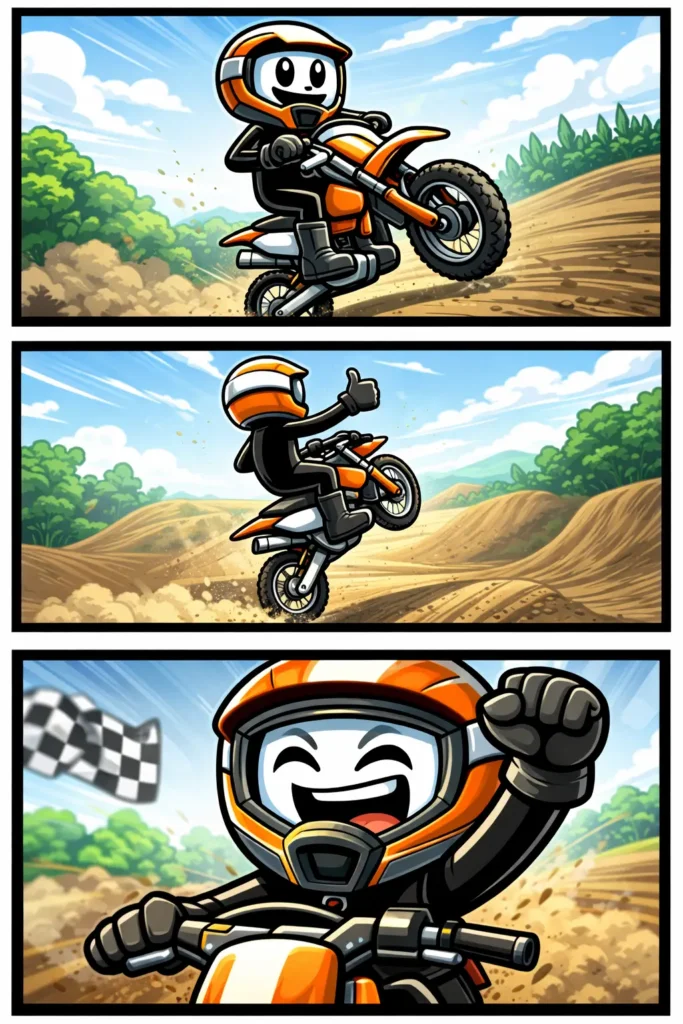 Stickman op een crossmotor die over een zanderig parcours rijdt, passend bij het woord motorcross.