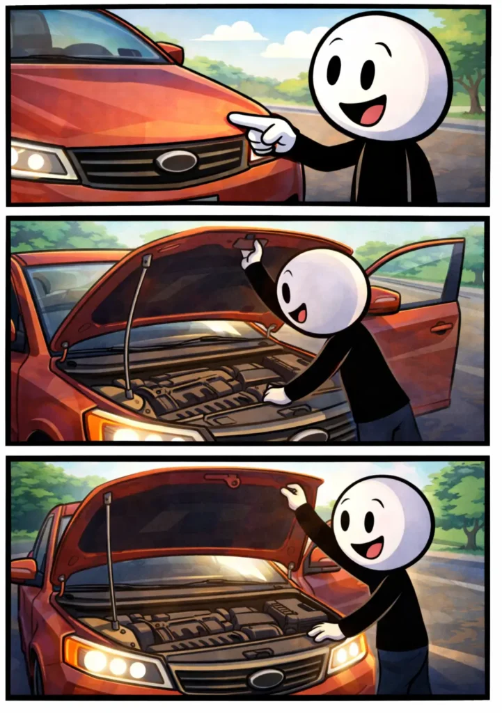 Toonwords-strip met een stickman die bij een auto de motorkap aanwijst en deze vervolgens opent om de motor te bekijken.
