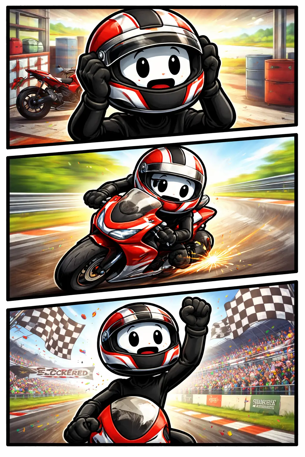 stickman die in drie panelen motorracet op een circuit, passend bij het woord Motorracen