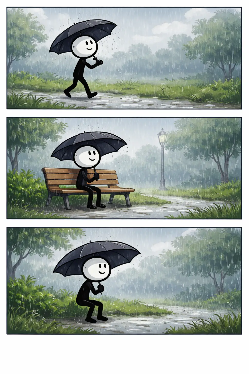 Drie panelen stripillustratie in Toonwords-stijl van een stickman die buiten staat terwijl lichte motregen uit de lucht valt.