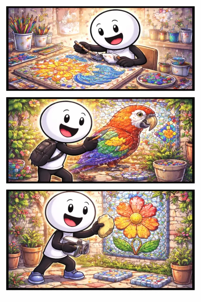 Drie-panelen stripafbeelding in Toonwords-stijl van een stickman die een mozaïek maakt door kleine gekleurde stukjes zorgvuldig tot een kunstwerk samen te voegen, passend bij het Nederlandse woord Mozaïek.