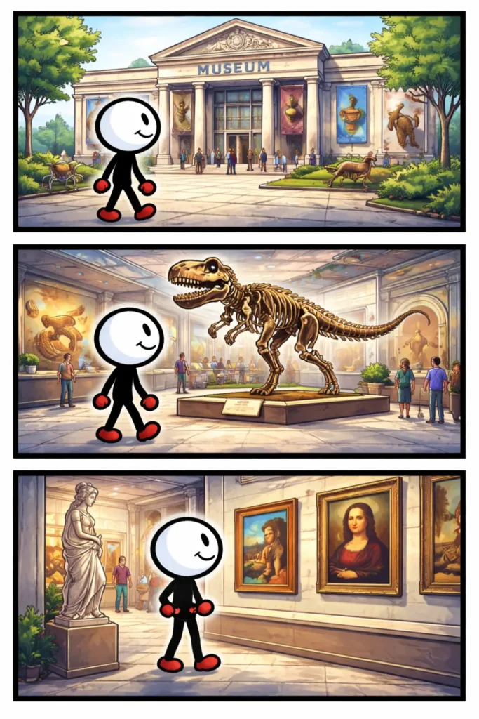 Stripafbeelding van een stickman bij een Museum, eerst buiten voor het gebouw, daarna kijkend naar een dinosaurus en tenslotte naar schilderijen en beelden in een museumzaal.