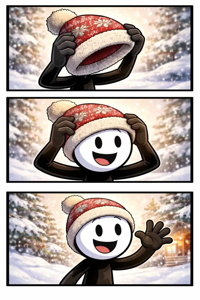 Stickman met een muts op in Toonwords-stijl die het woord muts duidelijk uitbeeldt.