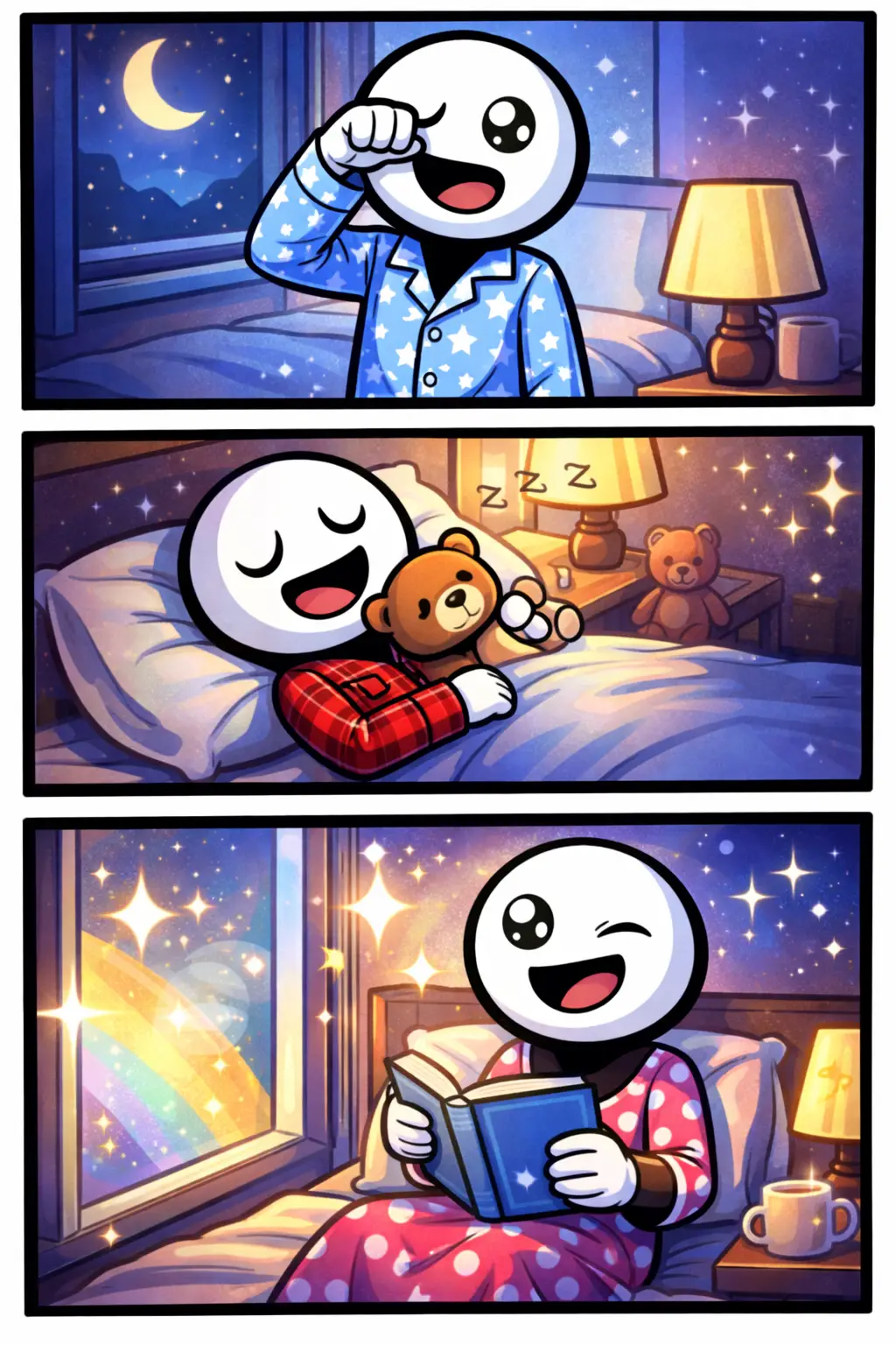 Stickman in Toonwords-stijl die verschillende soorten nachtkleding draagt in drie nachtelijke scènes.