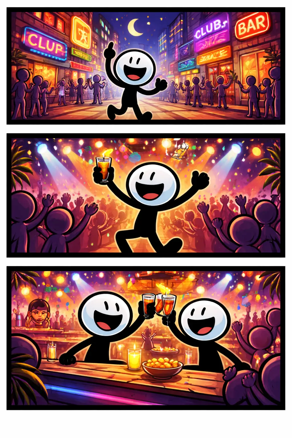 Stripafbeelding met drie unieke panelen van een stickman in Toonwords-stijl die het Nachtleven beleeft, zonder tekst en met zwart kader.