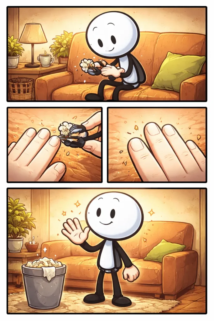 Toonwords-strip met een stickman die rustig nagels knipt, passend bij het woord Nagels knippen.