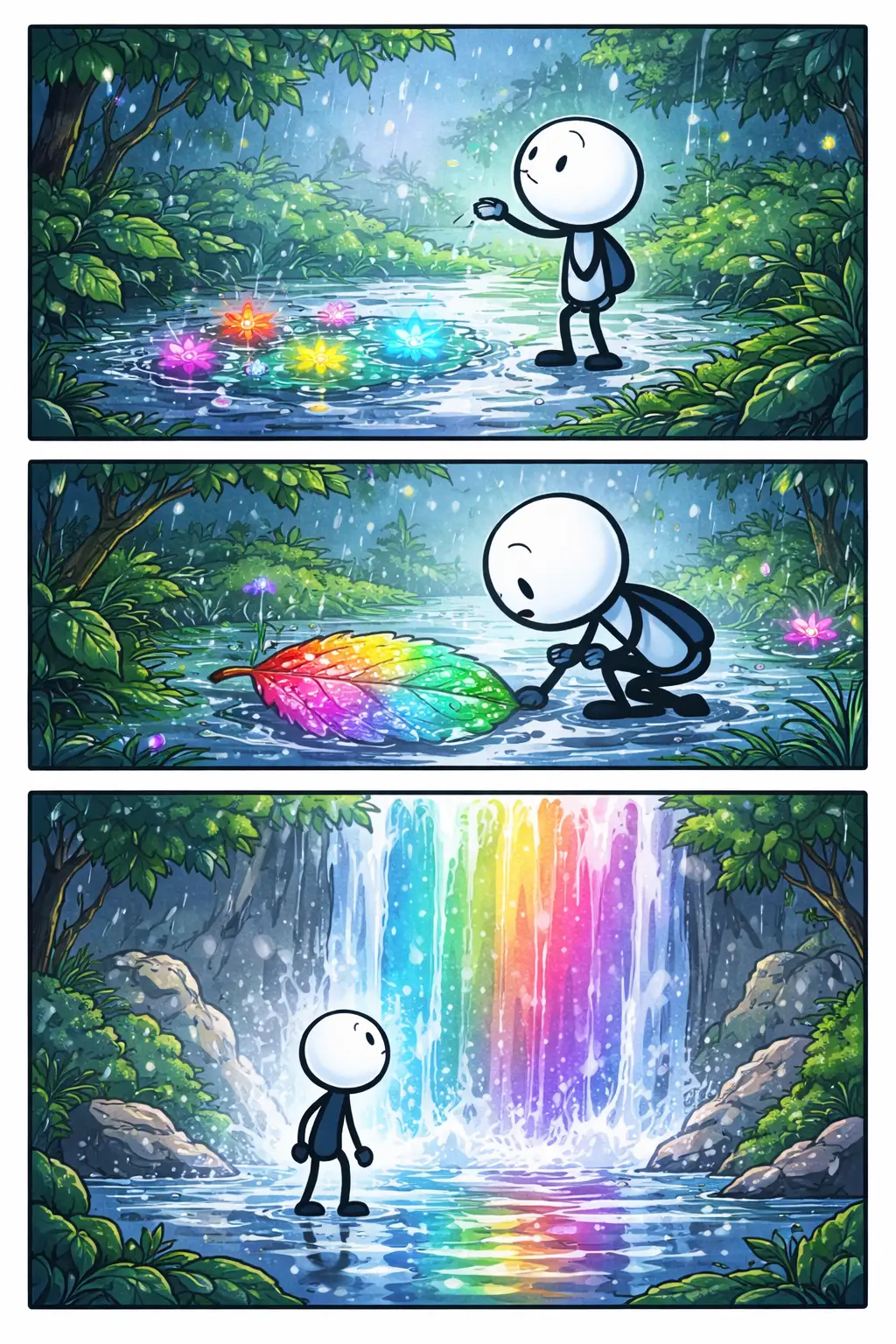 Toonwords-strip met een stickman die natte, kleurrijke vormen en water ziet, passend bij het woord Nat.