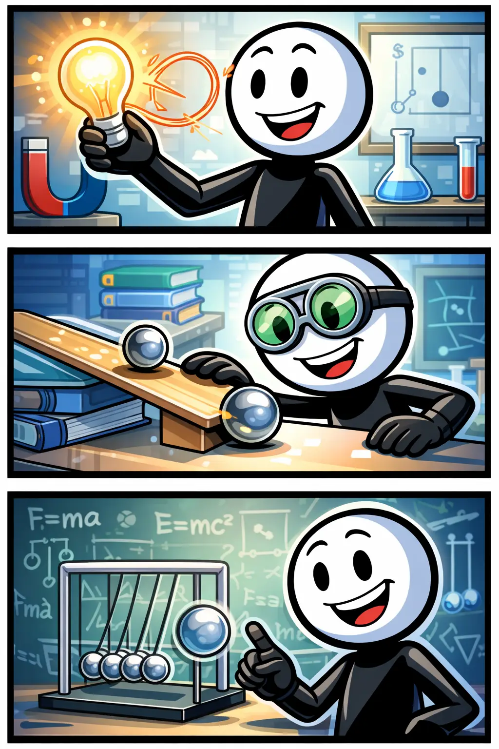 Een stripafbeelding met drie panelen waarin een vrolijke stickman verschillende natuurkunde-experimenten uitvoert, zoals beweging, kracht en licht, in kleurrijke Toonwords-stijl.