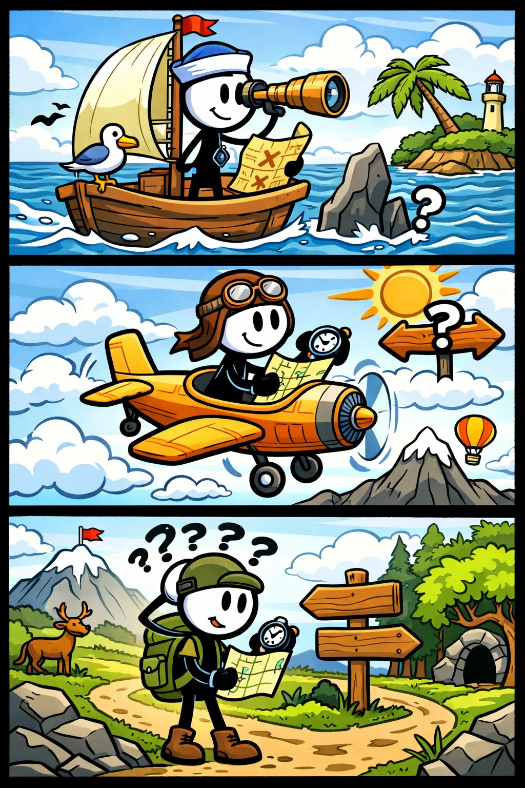 tripafbeelding van een stickman die navigeert over zee, door de lucht en op het land, passend bij het woord Navigeren.