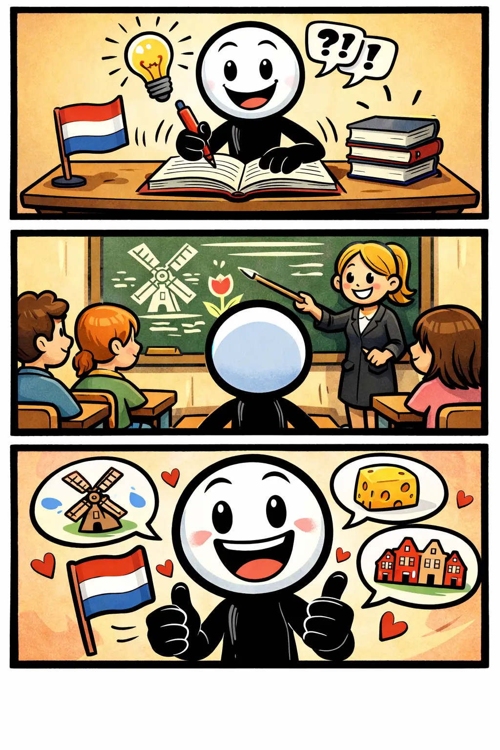 Stickman die op een vrolijke manier de Nederlandse taal leert, met het woord Nederlands centraal uitgebeeld.