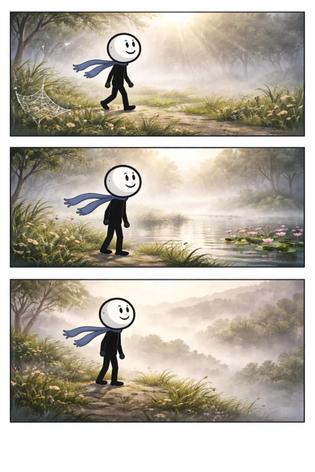 Drie panelen stripillustratie in Toonwords-stijl van een stickman in een landschap met lichte nevel die zacht door de lucht hangt.