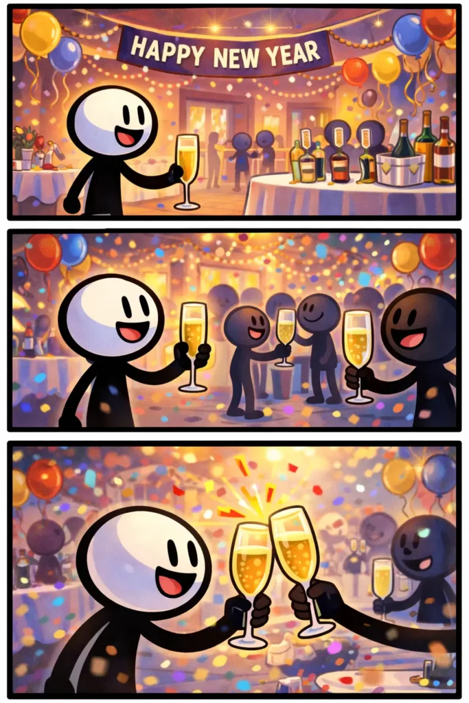 Drie-panelen stripafbeelding in Toonwords-stijl van een stickman tijdens een nieuwjaarsborrel met drankjes en feestelijke sfeer.