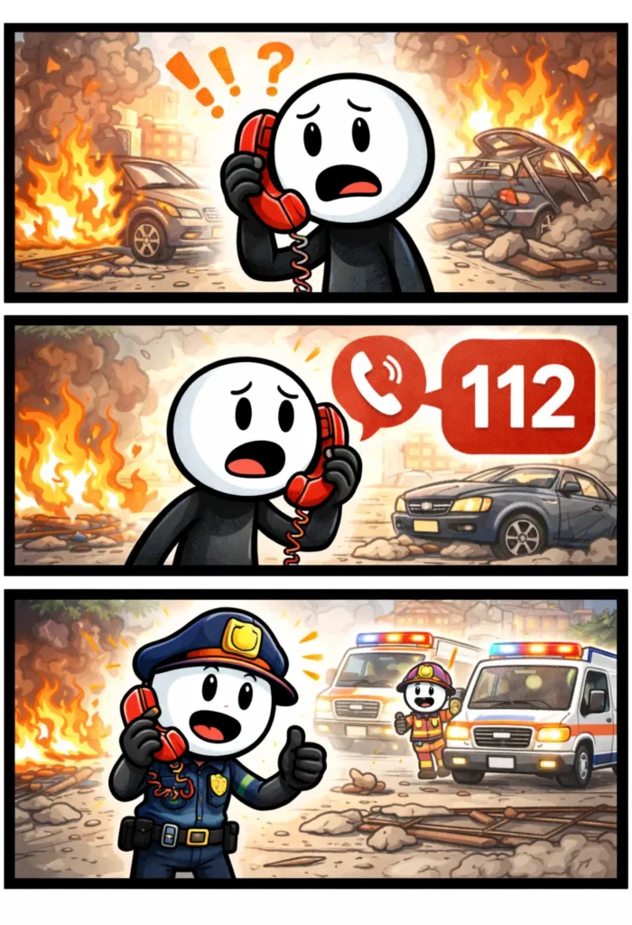 Stripafbeelding in Toonwords-stijl van een stickman die een Noodoproep doet en hulpdiensten ziet arriveren in drie opeenvolgende panelen.