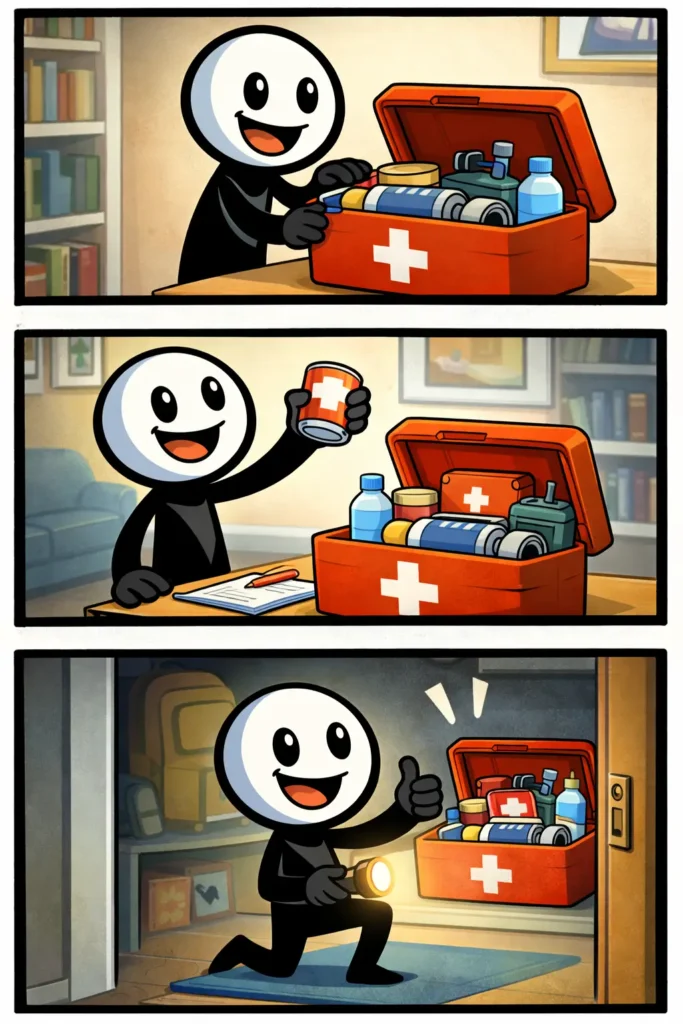 Stickman die een noodpakket samenstelt in Toonwords-stijl bij het woord noodpakket.