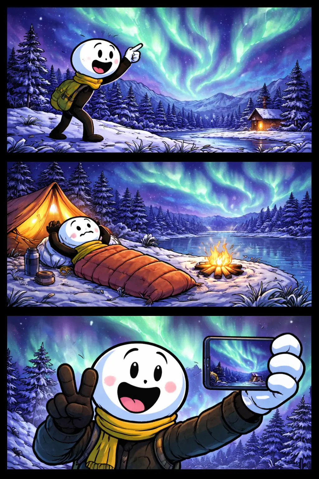 Drie verticale strippanelen met een stickman in Toonwords-stijl die het noorderlicht bewondert.