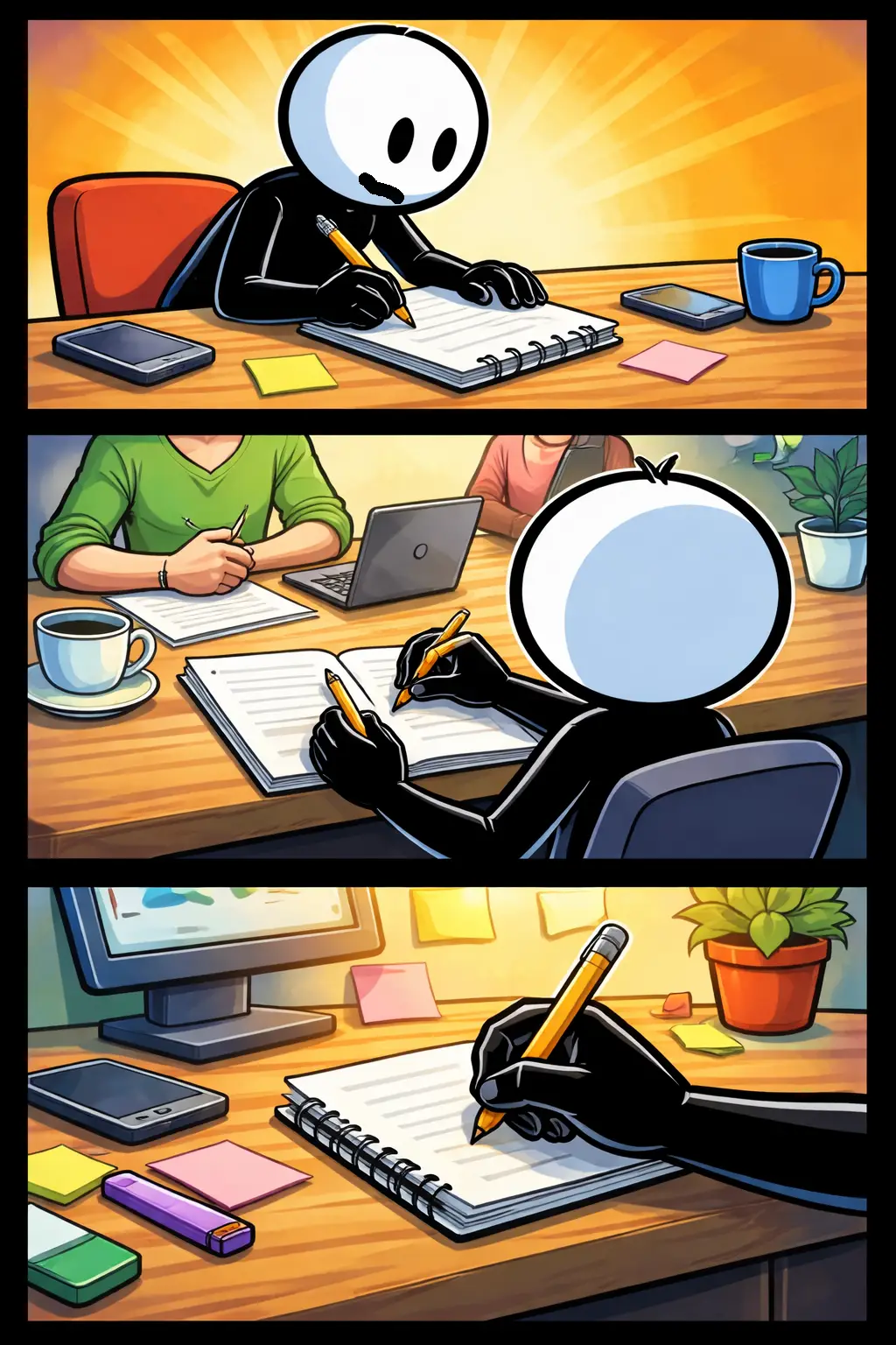 Stickman die aandachtig notities maakt in een notitieboekje, passend bij het woord “notities maken”.