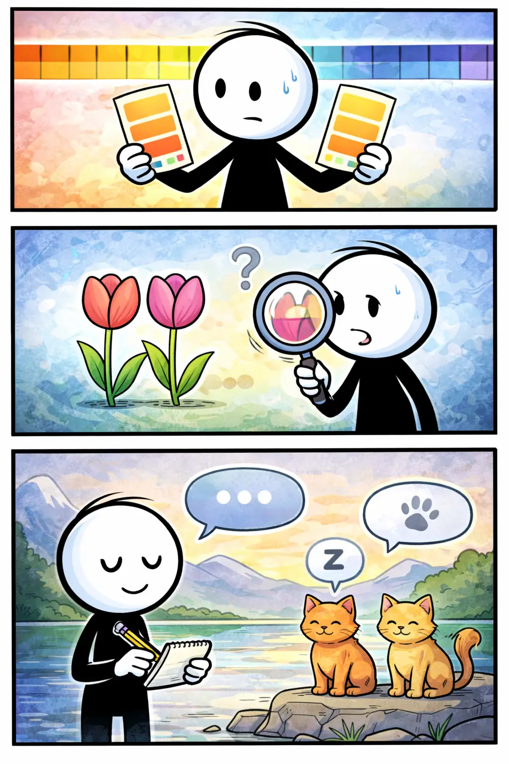 Stripafbeelding met drie panelen van een stickman in Toonwords-stijl die Nuance verbeeldt door subtiele verschillen te onderzoeken en te vergelijken.