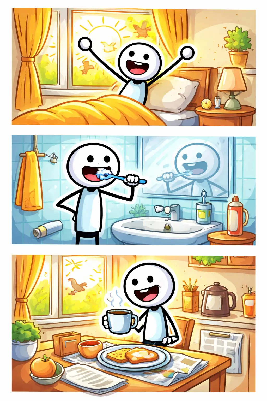 Stripafbeelding van een stickman in Toonwords-stijl die zijn dag begint in de ochtend, met opstaan, tandenpoetsen en ontbijten.