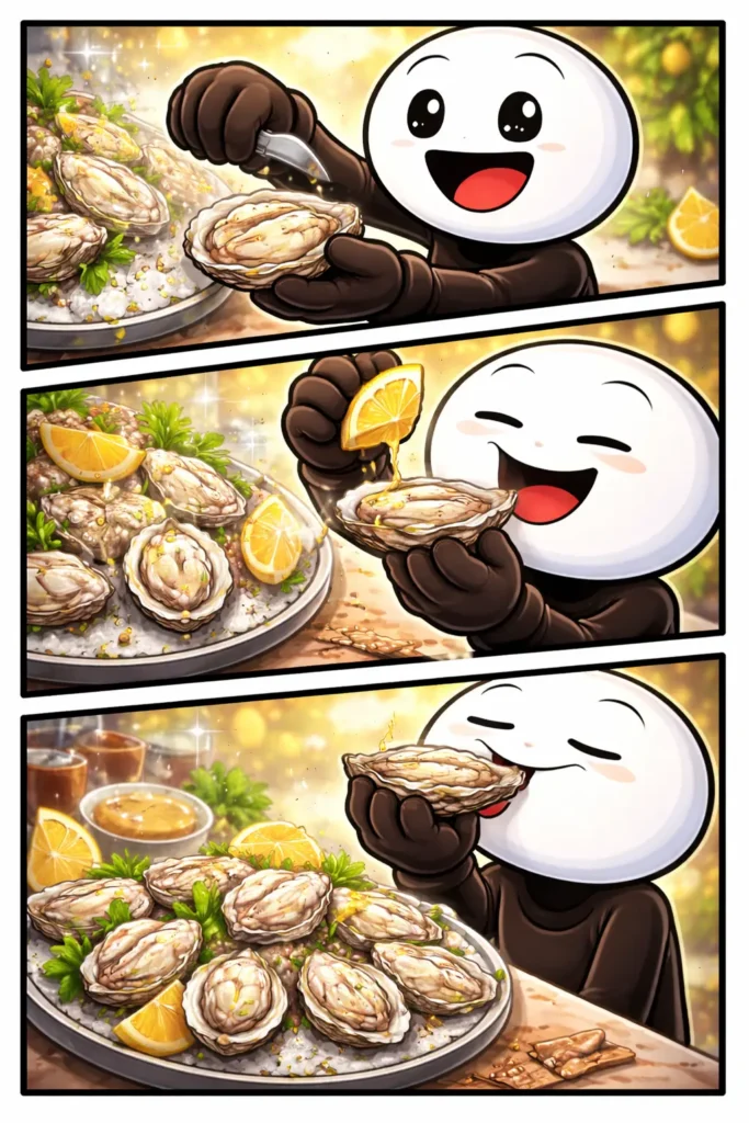 stickman die in drie panelen een oester opent, aanmaakt en opeet, passend bij het woord Oester