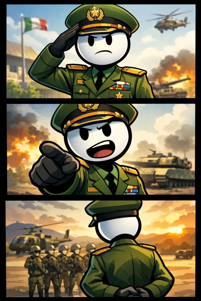 Stickman-officier in Toonwords-stijl in drie panelen zonder tekst.