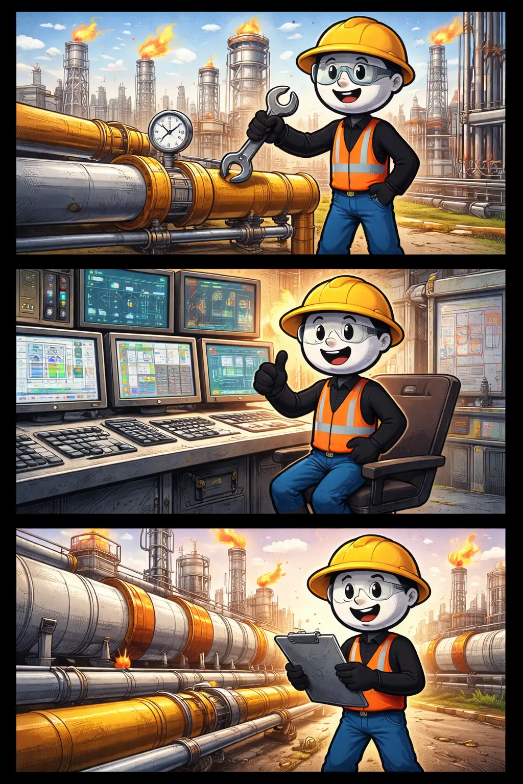 Een stickman inspecteert apparatuur en werkzaamheden binnen een grote olieraffinaderij in drie scènes.