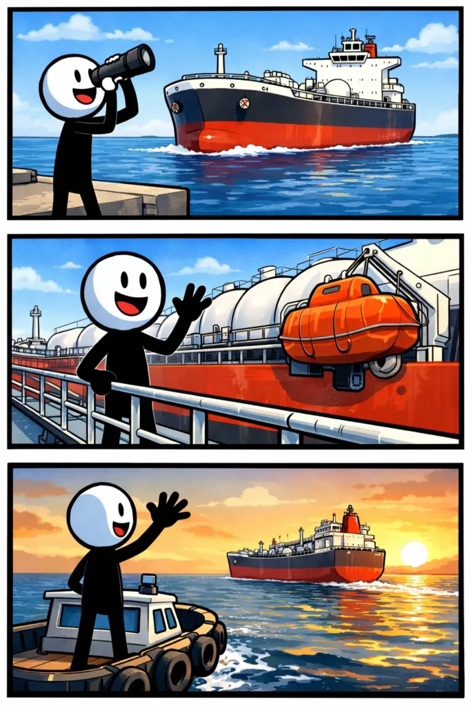 Een olietanker vaart langs terwijl de stickman blij toekijkt in de strip.