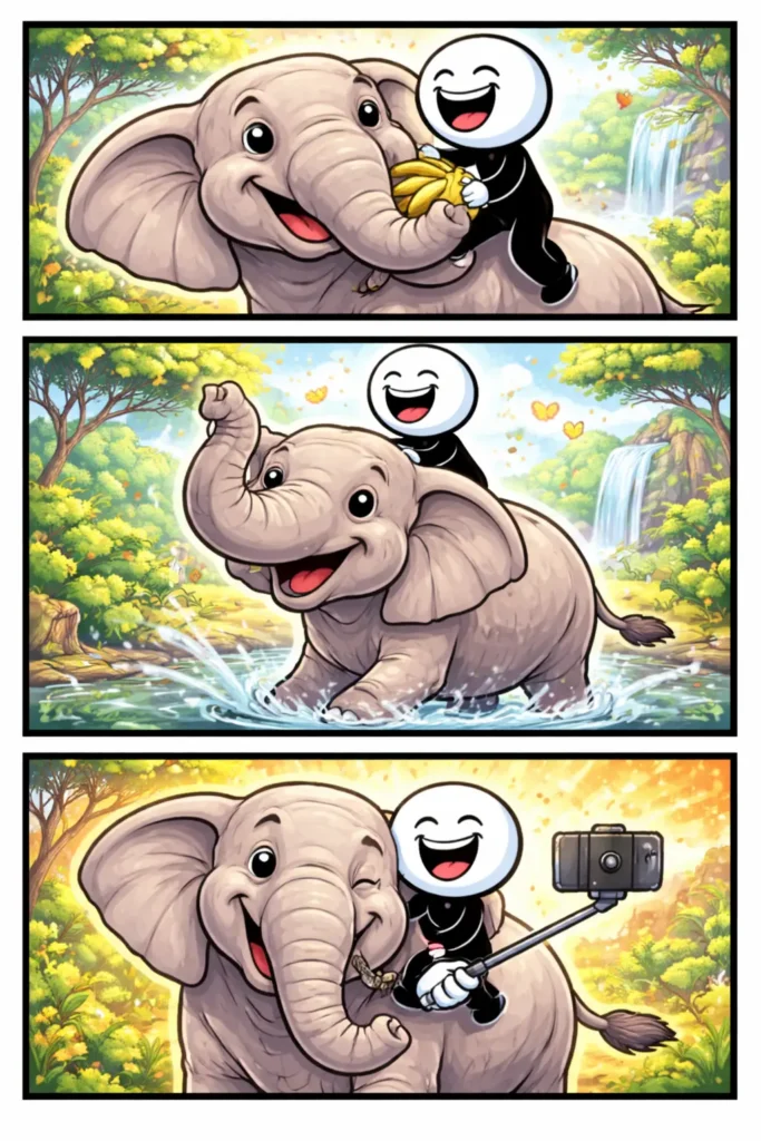 Stickman in Toonwords-stijl die samen met een olifant speelt en door de natuur beweegt, verdeeld over drie panelen, bij het woord Olifant.