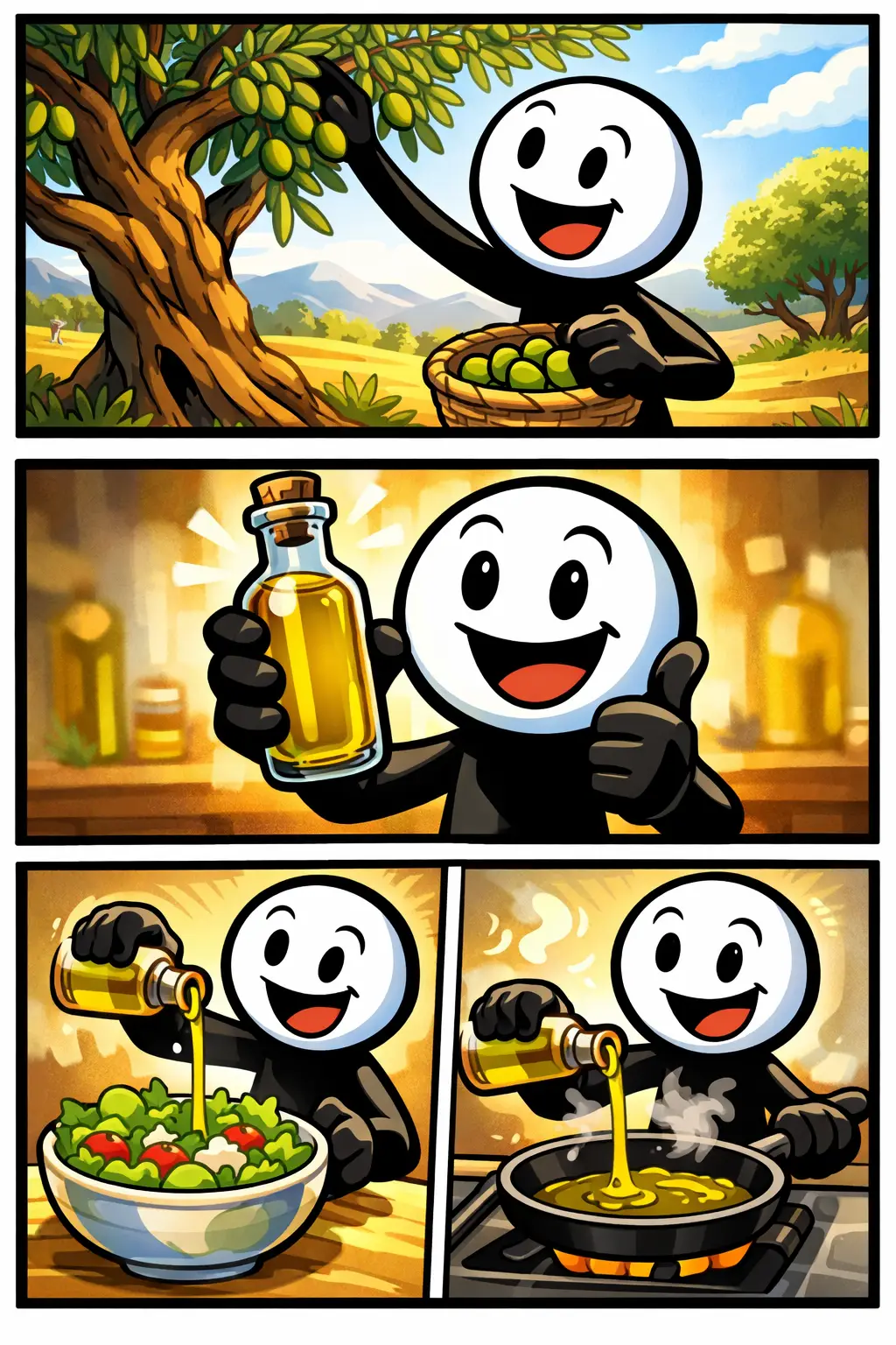 Stickman maakt olijfolie: van olijven plukken tot olie tonen en gebruiken — Toonwords-stijl, Olijfolie.