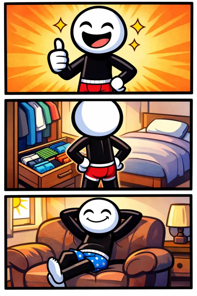 Toonwords-strip met een stickman die zich prettig voelt in zijn ondergoed in verschillende situaties.