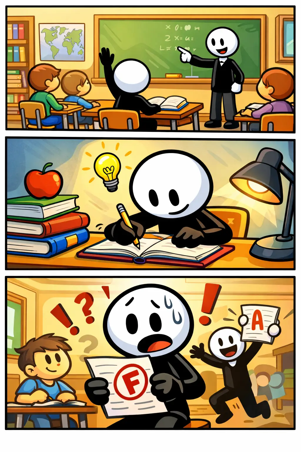 Toonwords-strip over onderwijs met een stickman die verschillende gevoelens van leren en ontwikkeling laat zien.