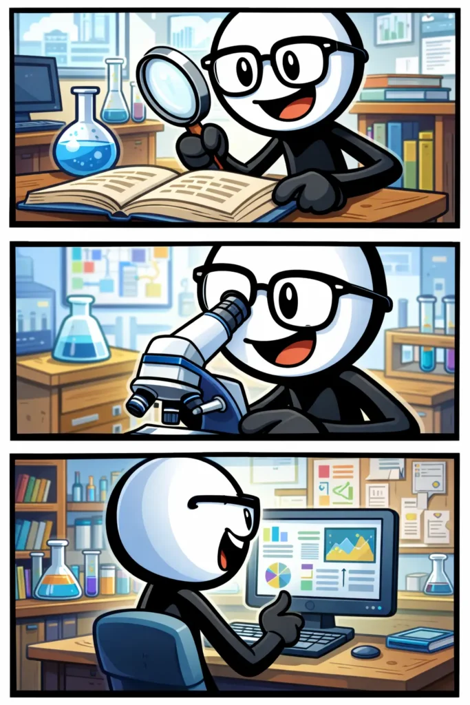 Stickman die bezig is met onderzoekswerk, kijkend door een loep, microscoop en naar grafieken op een scherm.
