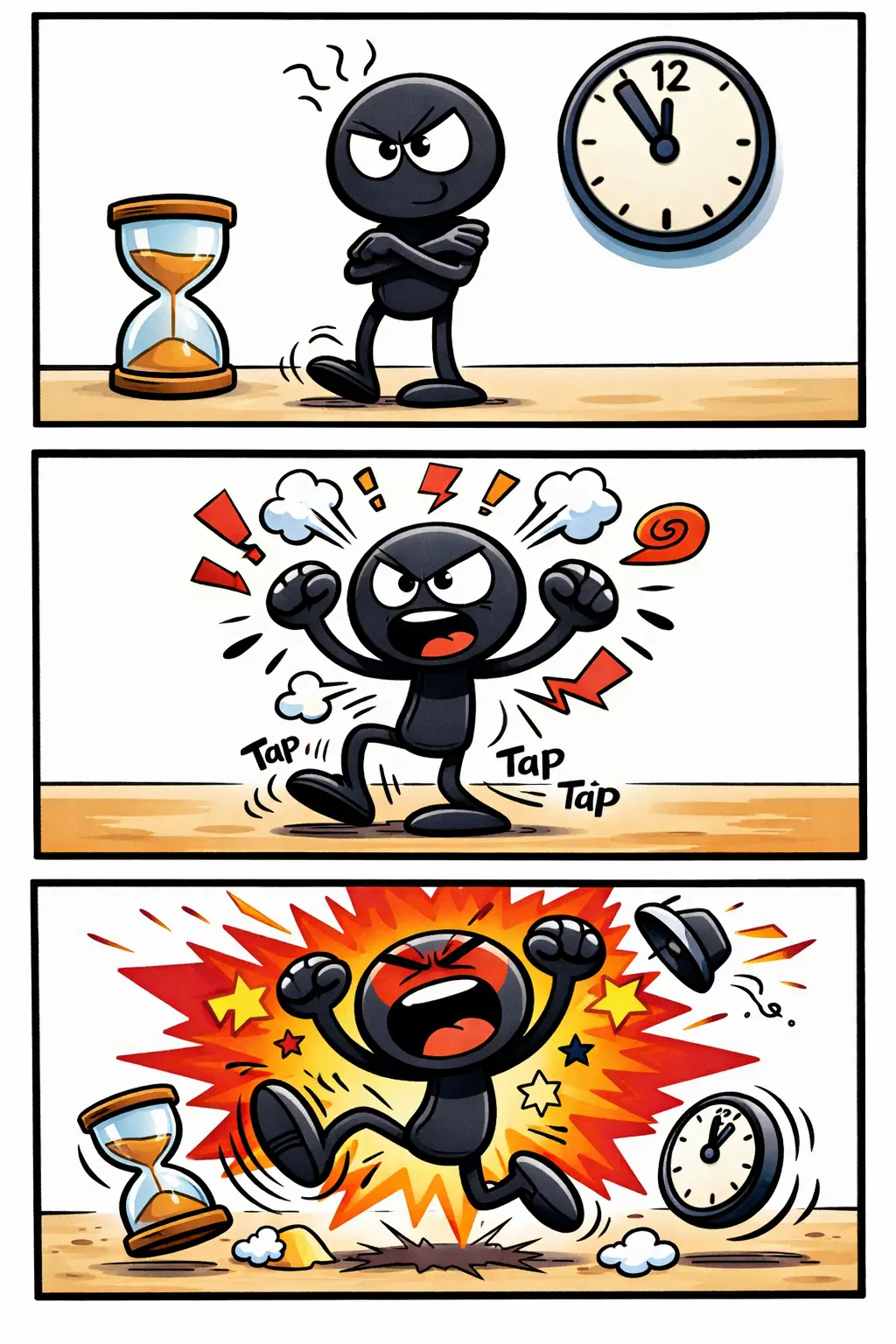 Drie-panelen stripafbeelding in Toonwords-stijl met een stickman die steeds ongeduldiger wordt, passend bij het woord Ongeduldig.