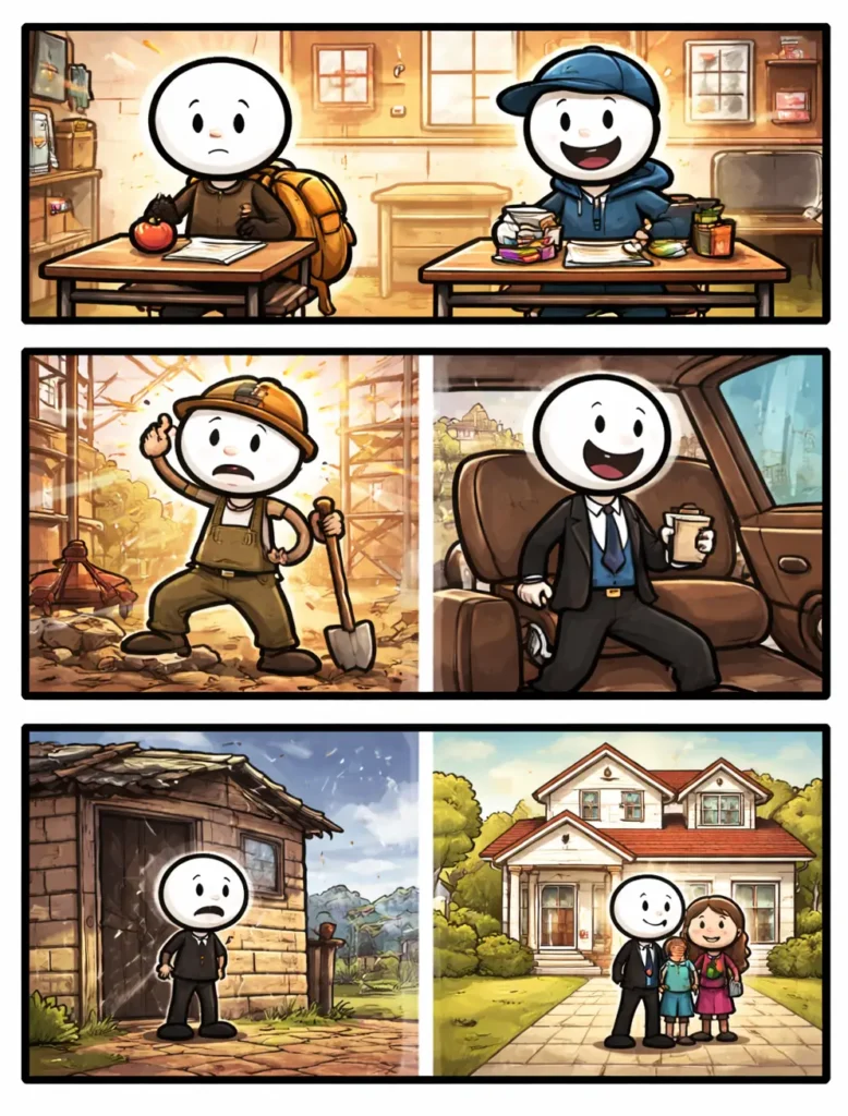 Drie panelen met een stickman in Toonwords-stijl die Ongelijkheid laat zien door ongelijke toegang tot middelen en verschillende uitgangsposities.