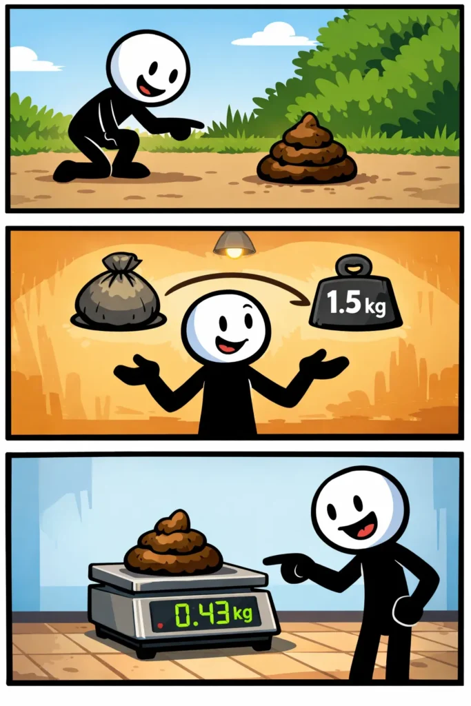 Stickman schat ongeveer het gewicht van een drol en controleert het op een weegschaal.