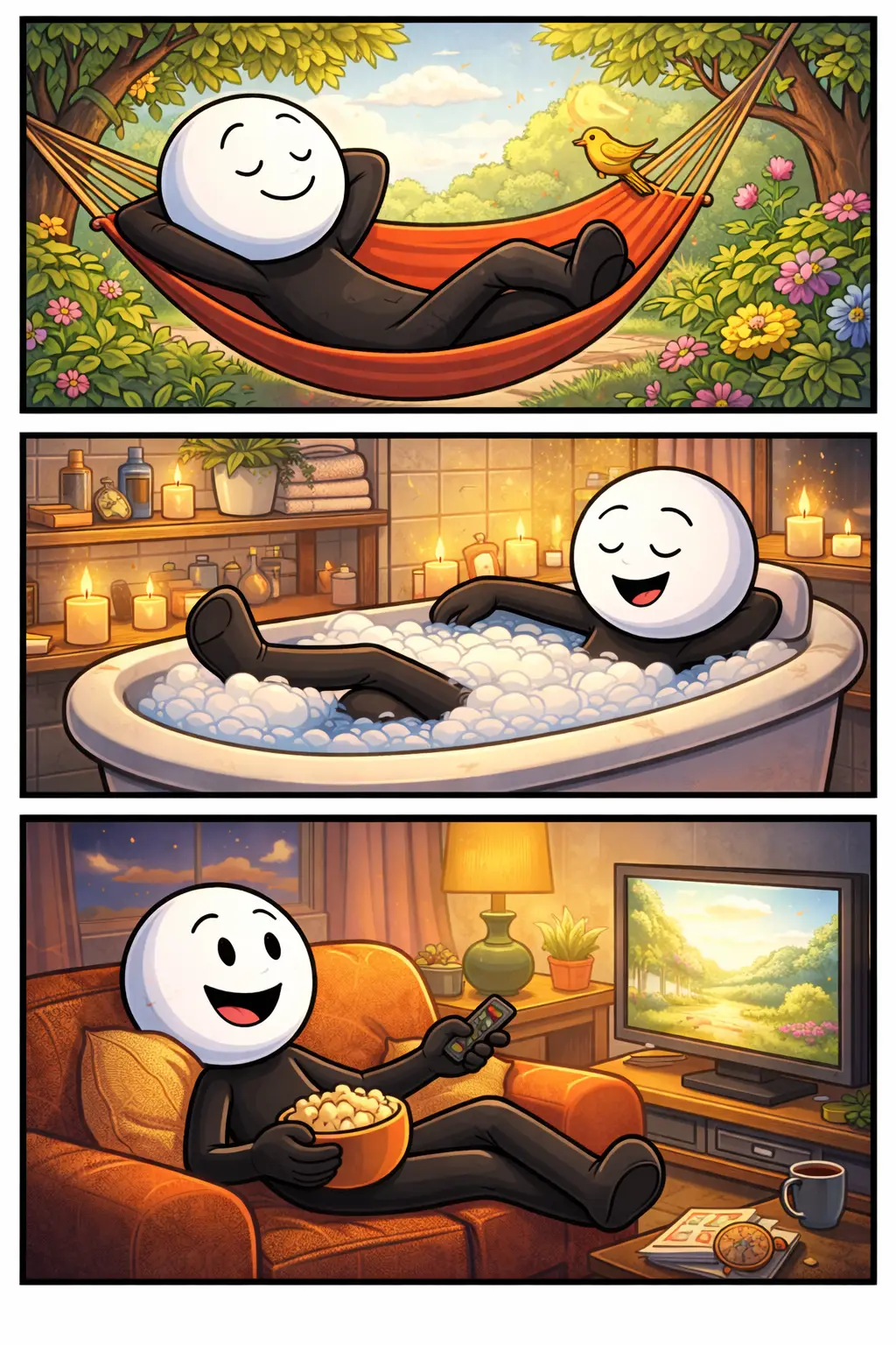 Stripafbeelding in Toonwords-stijl van een stickman die ontspanning ervaart, liggend en zittend in rustige situaties die ontspanning laten zien.