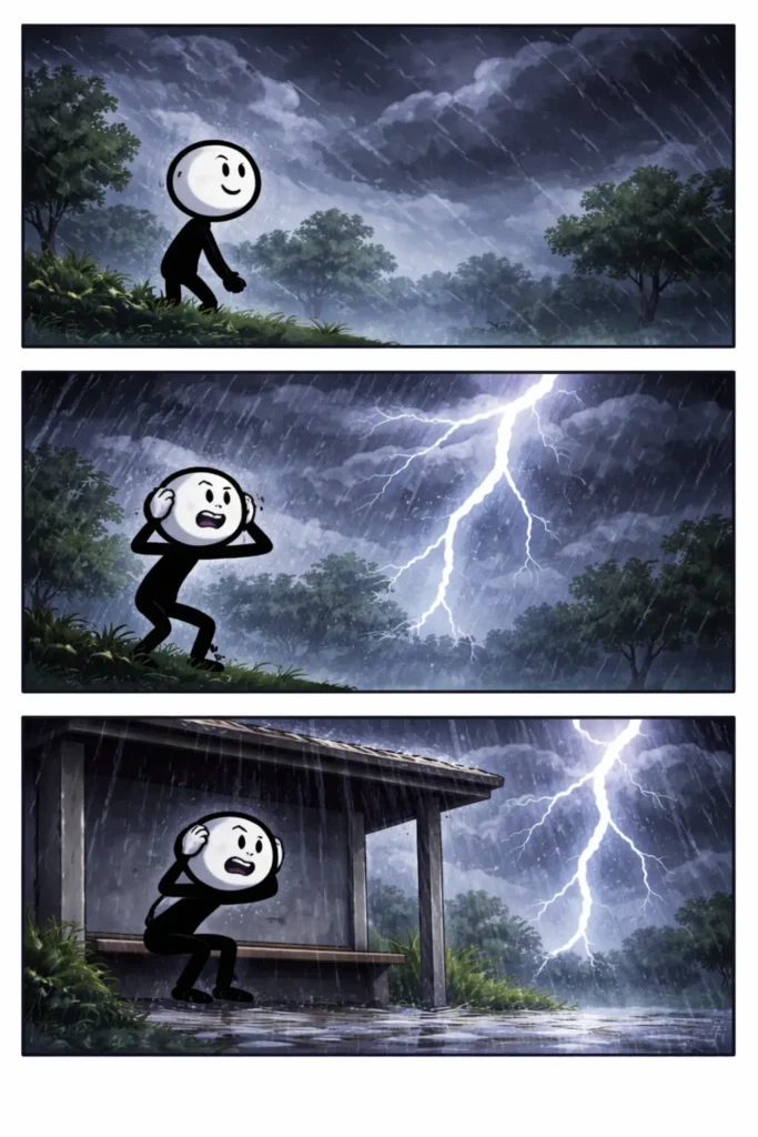Drie panelen stripillustratie in Toonwords-stijl van een stickman onder een donkere lucht met bliksem en donder, passend bij het woord onweer.