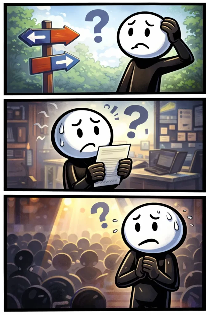 Stickman staat zichtbaar onzeker terwijl hij twijfelend naar verschillende mogelijkheden kijkt.