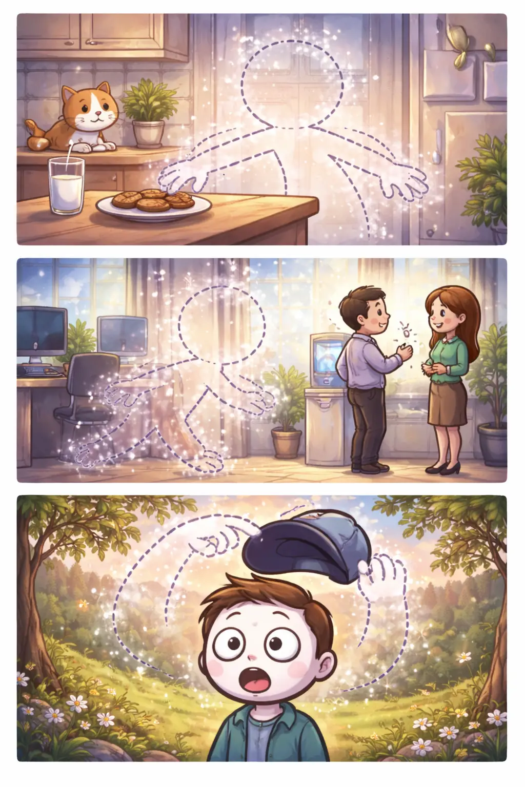 Driepanelige stripafbeelding van een stickman in Toonwords-stijl die onzichtbaar is, zichtbaar door gestippelde contouren en bewegende voorwerpen.