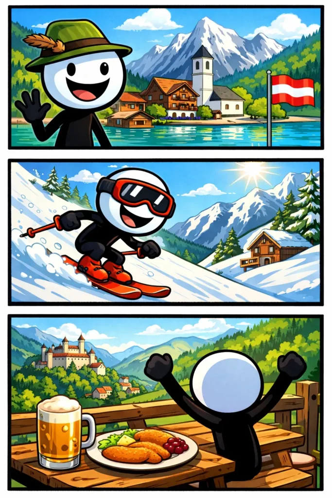 Stickman in drie scènes die Oostenrijk verkennen, met bergen en dorpen — toonword Oostenrijk.