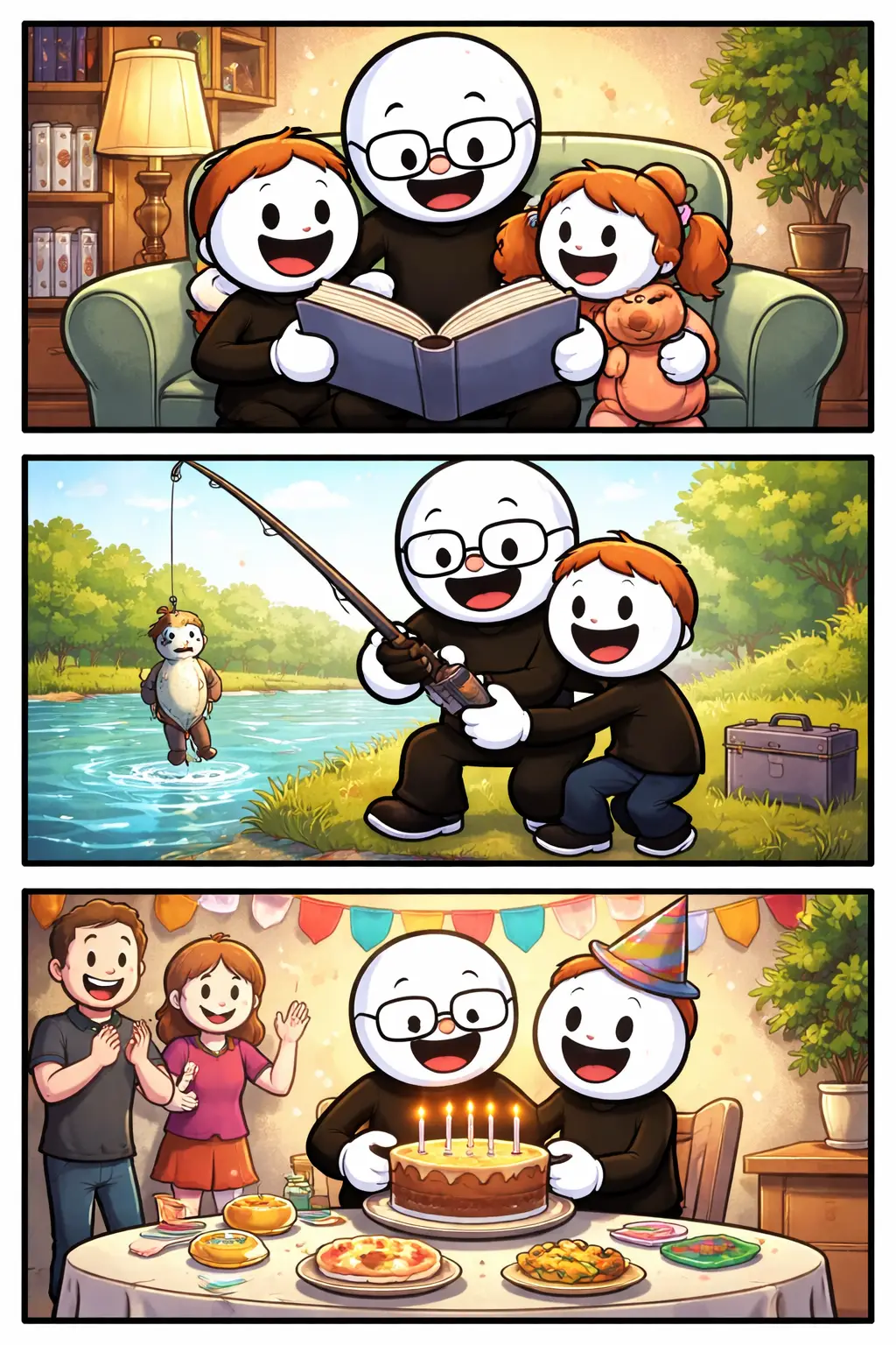 Toonwords-illustratie met een stickman die het woord Opa verbeeldt in een warme familiesetting.