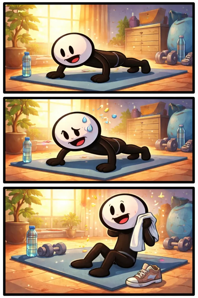 Drie-panelen stripafbeelding in Toonwords-stijl van een stickman die opdrukken doet op een matje.