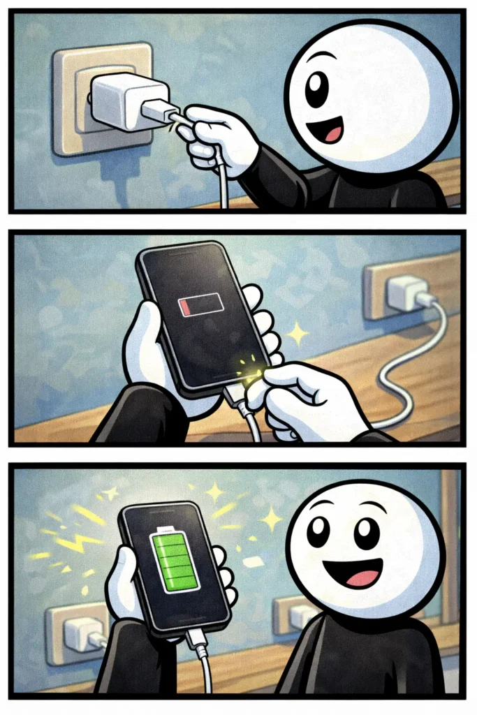 Stickman die een oplader in een apparaat steekt – Oplader.