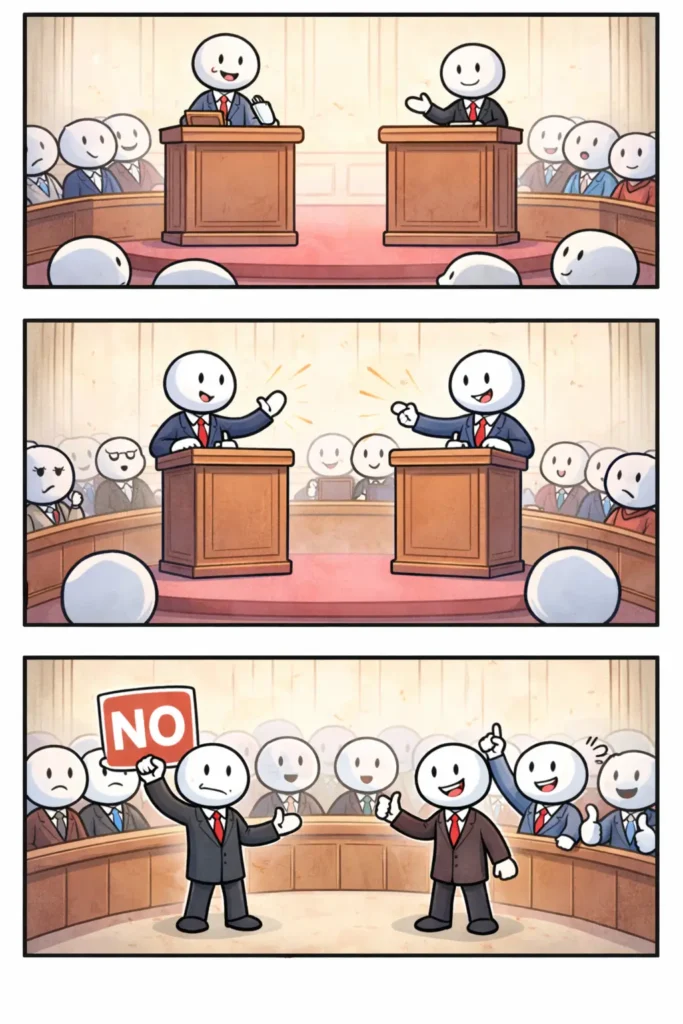 Driepanelige stripafbeelding met stickman in Toonwords-stijl over Oppositie, waarin debat, tegenspraak en kritisch meekijken worden uitgebeeld.