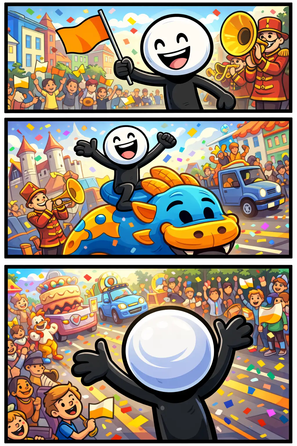 Stickman die een vrolijke optocht bekijkt met kleurrijke wagens en feestende mensen.